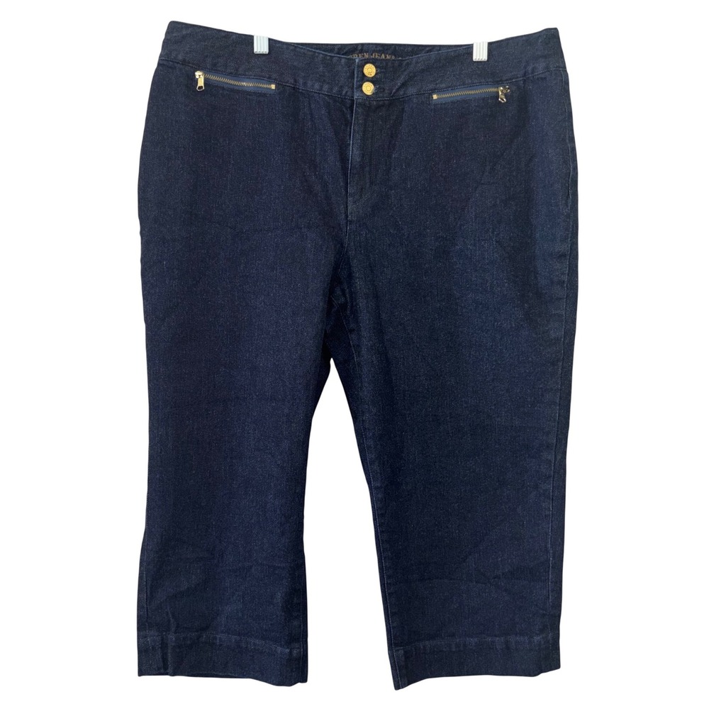 Lauren Ralph Lauren Women 16W Capri Jeans Dark Blue Gold Button Zip Preppy
